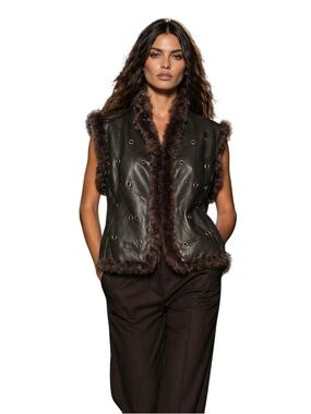 Paolo Santini Women’s Grommet Accent Leather Vest, Rabbit fur Trim, Dark Brown 8